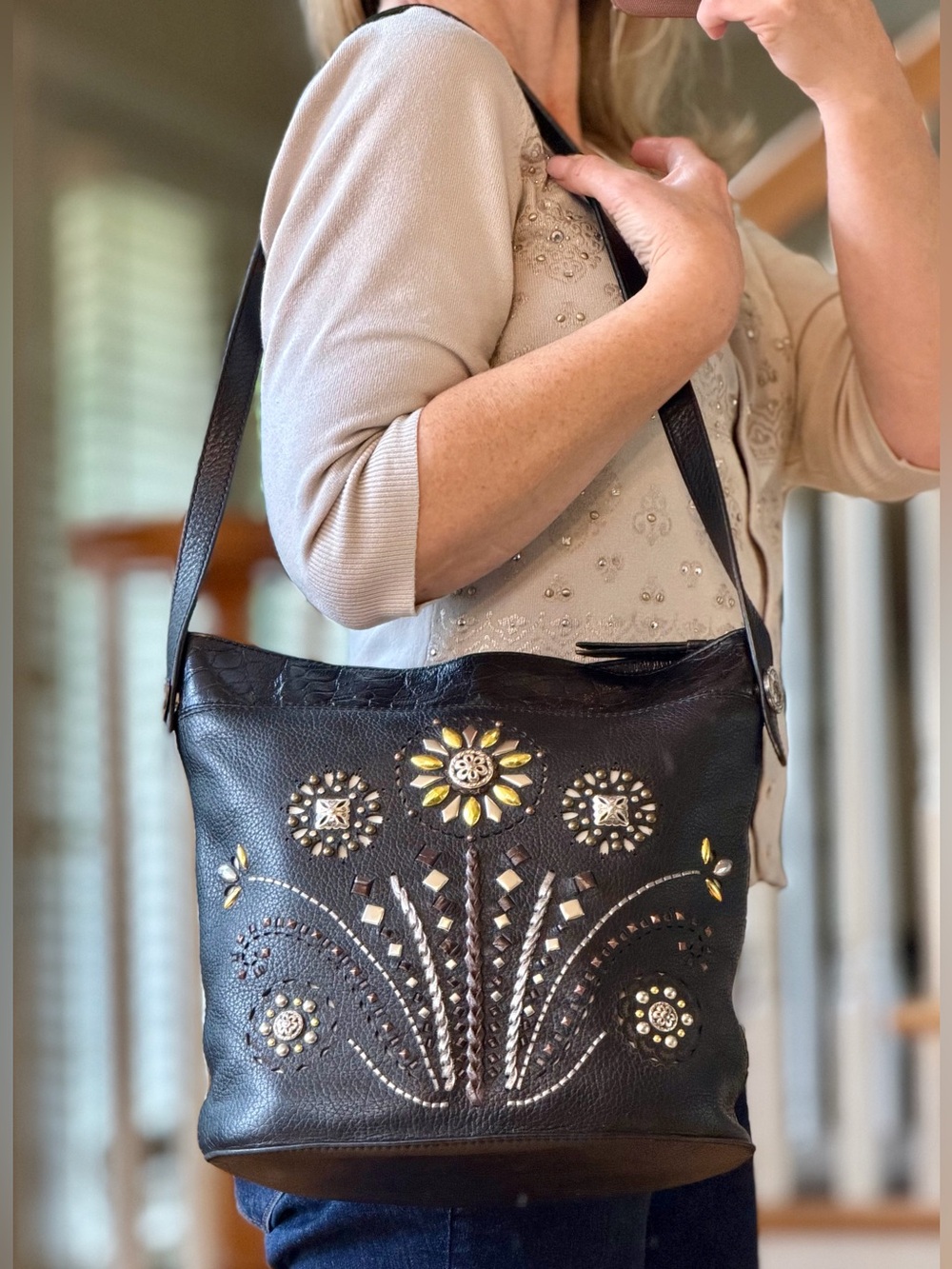 Brighton Rare Vintage Boho Harrah Sunflower Black Leather Hobo Bag